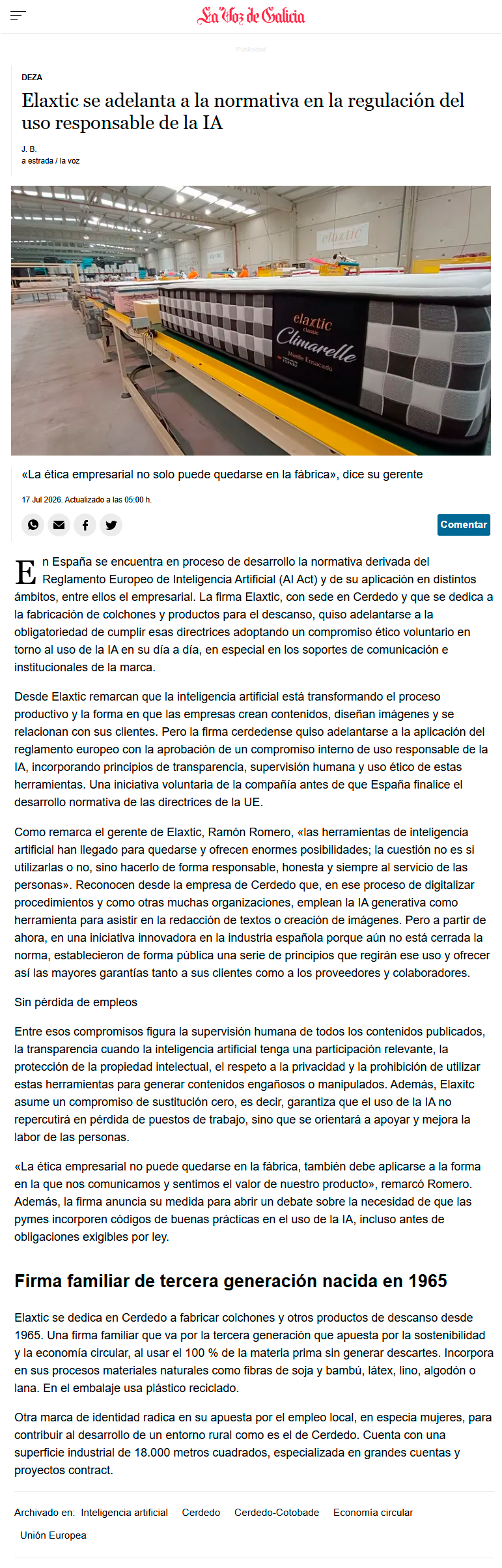 Elaxtic, fábrica de colchones en Galicia, pionero en implantación de una ética en el uso de la IA