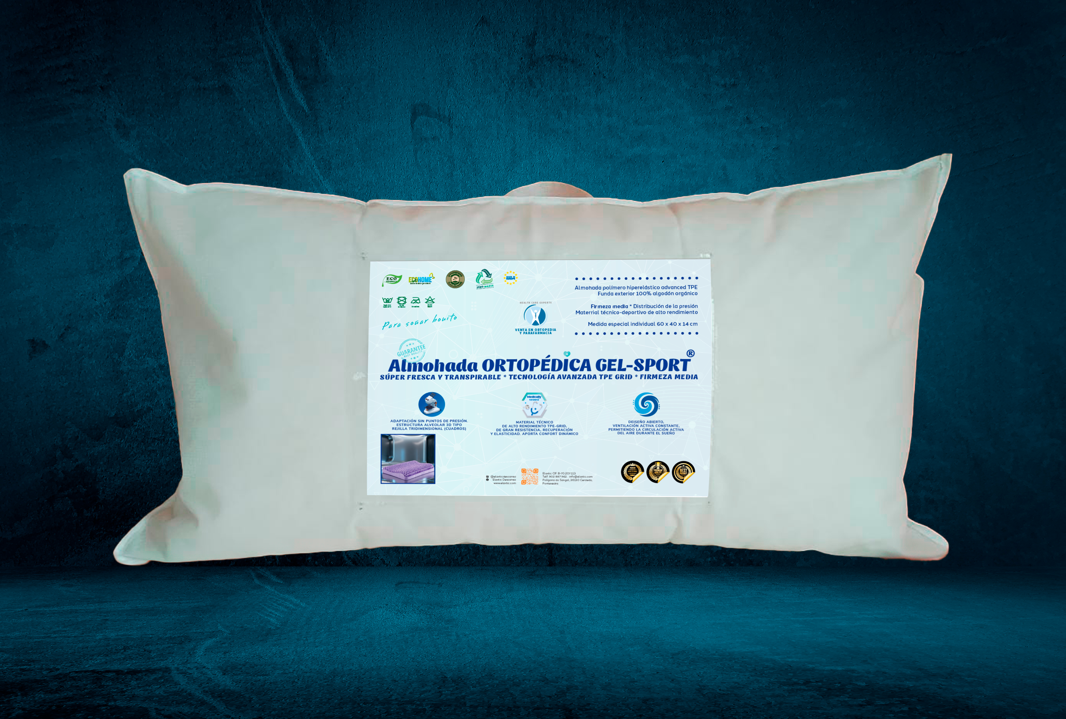 Almohada Ortopédica GEL-SPORT con tecnología TEP Grid fabricada en Pontevedra Galicia por Elaxtic